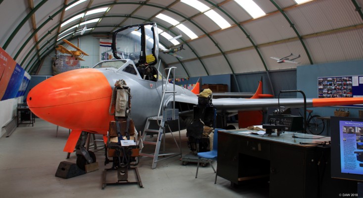Sea Vampire, Montrose Air Station Heritage Centre
The Vampire was a single engine Jet aircraft developed by De Havilland during the war.  It had an unusual double tail which can just be seen in this photo.  It was constructed from plywood and aluminium.  In 1945 a Vampire was the first Jet ever to land and take off from the deck of an Aircraft Carrier.
