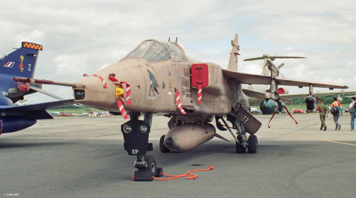 SEPCAT Jaguar, Fairford, 1993
The Jaguar was an Anglo-French designed attack aircraft used by the Royal Airforce and the French Airfoce.  It first entered service in 1973 and remained in service with the RAF until 2007.

