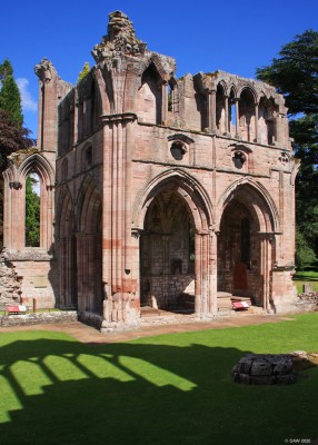 Sir Walter Scott's Grave, Dryburgh Abbey
Sir Walter Scott chose to be buried at the ruins of Dryburgh Abbey.  Scott was descended from two Borders families, the Scotts and the Haliburtons of Newmains.  The latter family owned the ruins at one time.  Sir Walter Scot, his wife and son are buried under the arch on the right.  [url=http://streetmap.co.uk/map.srf?X=359198&Y=631505&A=Y&Z=120/] Map location. [/url]
