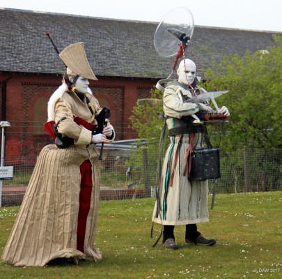 2017, Sky dish man
Yes, you saw it here first, the latest in portable Sky dish equipment, with optional electronic bagpipes.  Part of the Sea Hames outdoor theatre performance at Kingston Playing Fields in May 2017
