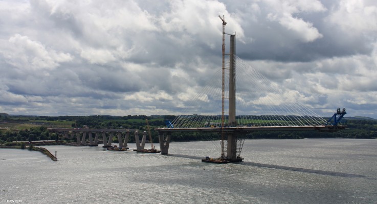 The South Tower, Queensferry Crossing, July 2016
A view of the South Tower of the Queensferry Crossing taken from the old Forth Road Bridge.  The road deck is attached to the first support on the south side.
