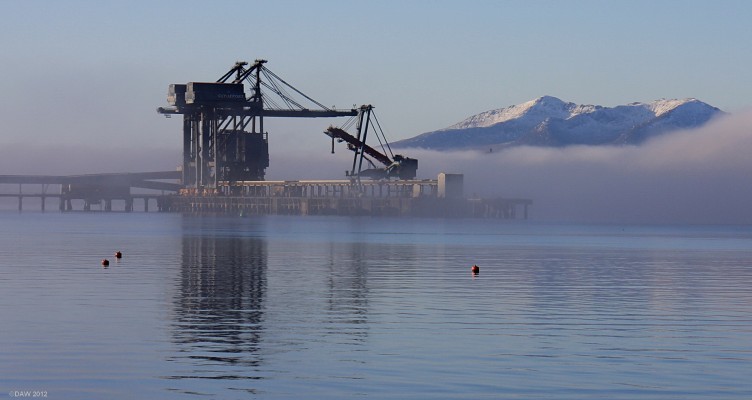 Spot the Ship, Hunterston Ocean Terminal
If you look very close you'll see the funnel of a very large ship hiding in the fog bank just beyond the pier. The mountains for the Isle of Arran are in the background. [url=http://www.streetmap.co.uk/map.srf?X=220820&Y=655805&A=Y&Z=120/] Map location. [/url]
