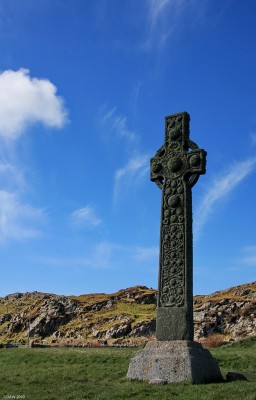 St Martins Cross, Iona
Carved from a single slab of stone between AD 750 nd 800.  The side visible is carved with bosses and serpants, the opposite side depicts scenes from the Bible.  The stone stands close to Iona Abbey where Christianity was introduced into Scotland by Columba from Ireland.

