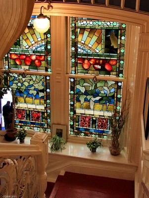 Stained Glass window, Paisley Masonic Temple
This stained glass window is on the stair case of what is today the Paisley Masonic Temple but was orginally built as the managers and staff dining hall for the Ferguslie Thread works in 1886.  [url=http://www.streetmap.co.uk/map.srf?X=246822&Y=663555&A=Y&Z=110/] Map location. [/url]
