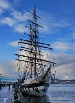 Stavros S Niarchos
The 60m Tall Ship paying a winter visit to Greenock in early 2015.  The ship was launched in 2000 from Appledrore Shipyard in England as a "modern" sailing ship with engines as well as sails.  At the time this photo was taken she was operated by the Tall Ships Trust.  She has since been sold and now sails under the name of Sunset.
