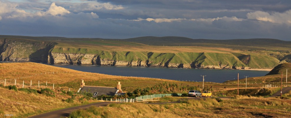 Strathy, Sutherland
The low evening sun lights up the cliffs in this view looking back towards the mainland from Strathy Point.  [url=http://streetmap.co.uk/map.srf?X=282888&Y=967494&A=Y&Z=120/] Map location. [/url]
