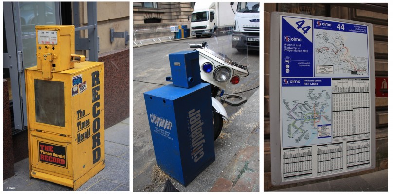 Street Props, World War Z, Glasgow
A couple of Philadelphia area newspaper vending machines and if you want to catch a bus to the Independence Mall in Philadelphia, this time table might still be posted in a Glasgow Bus shelter.
