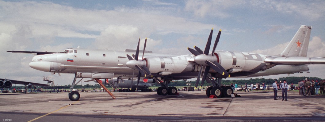 Tupelov TU-95, Fairford, 1993
The TU-95 first entered service with the Soviet Airforce in 1956. Power by 4 turboprops it is the only propeller power strategic bomber still in service. Some 500 were built between 1952 and 1993 of varying types.
