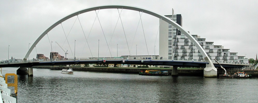 The Clyde Arc. River Clyde, Glasgow
The first bridge to be built across the Clyde in Glasgow for 37 years, it takes a new road across from Govan to Finnieston.  It was offcially opened and named on the 18th September 2006, but Glaswegians are never happy with posh names like 'Arc' and have called it the 'squinty' bridge since it crosses the river at an angle.  [url=http://www.streetmap.co.uk/map.srf?X=257134&Y=665119&A=Y&Z=115/] Map location. [/url]
