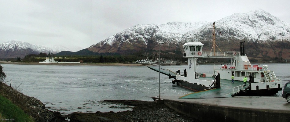 The Corran Ferry in winter
Looking across the Corran narrows towards Corran.  Sgurr na h-Eanchainne rises to 730m on the right hand side.  [url=http://www.streetmap.co.uk/map.srf?X=202137&Y=763520&A=Y&Z=120/] Map location. [/url]
