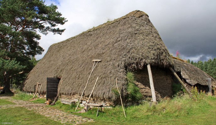 The Cottar's House, Highland Folk Meum
Created in 2008 this dwelling consists of a living area and a byre for a few small cattle.  The house has a 'cruck' frame with turf walls sitting on a stone foundation.
