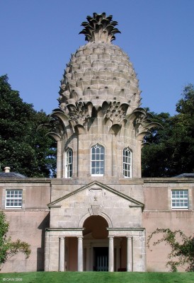 The Dunmore Pineapple, Airth
Built by the 4th Earl of Dunmore as a retreat or folly where the garden in front could be admired.  the pineapple stands 45 feet high with the masionary cantilevered producing a realistic effect of leaves and fruit.  By 1970 the garden was over grown and the building in danger of collapse.  In 1974 the countess of Perth gifted the building and gardens to the National trust who in cooperation with the Landmark Trust restored it.  [url=http://www.streetmap.co.uk/map.srf?X=288940&Y=688520&A=Y&Z=120/] Map location. [/url]
