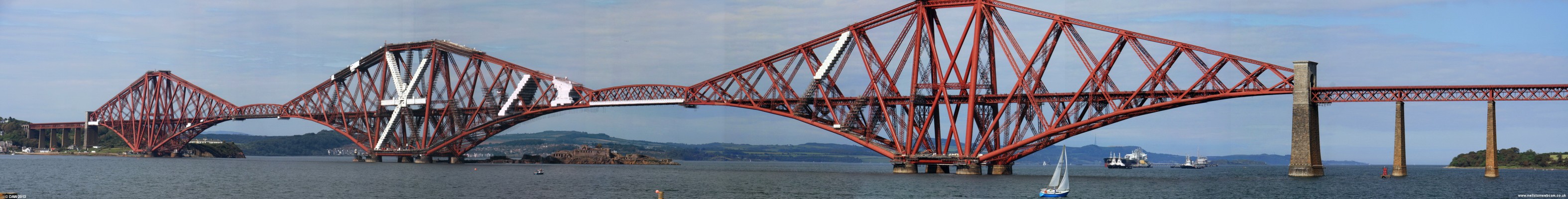 The Forth Bridge
More than 120 years after it was opened in 1890 this bridge is probably still the most impressive visible feet of engineering in Scotland.  It spans a distance of over 2,500m.  It was the first major project in the UK to use steel rather than wrought iron, the steel being produced in two Scottish steel mills and one in Wales.  [url=http://www.streetmap.co.uk/map.srf?X=313311&Y=678299&A=Y&Z=115/] Map location. [/url]

