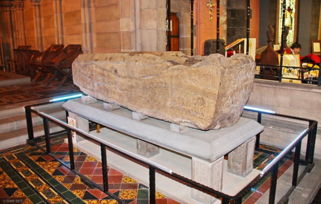 The Govan Sarcophagus, Govan Old Parish Church
Found in the graveyard in 1855 it was brought in to the Church in 1905.  It is carved from a sandstone block and is thought to date from around the 9th century.  It may have contained the remains of the founder of themedieval Church of St Constantine which was built on the site where Govan [url=http://www.thegovanstones.org.uk/] Old Parish Church [/url] stands today.
