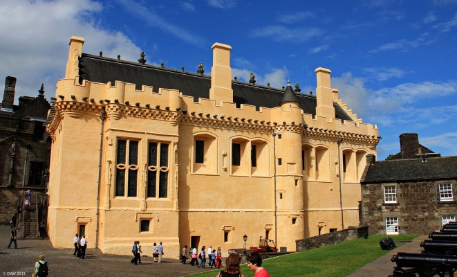The Great Hall, Stirling Castle
This is the largest Medieval Banqueting Hall in Scotland, it underwent a 35 year restoration program after it had been used as military barracks since around 1810.  The final stage of painting it this bright cream colour was the most controversial but this is how it would have looked in the 16th century when it was built.  On the right are cannons on the French Spur defences. 
