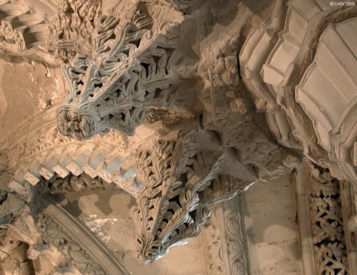 The Green Man, Rosslyn Chapel
If you look in the top left hand area of this photo you'll see a stone carved face, this is one example of over 100 green man carvings in Rosslyn Chapel.   Historically it is a Pagan figure, the vines sprouting from his mouth represent natures growth and fertility, illustrating the unity bwteen humanity and nature.

