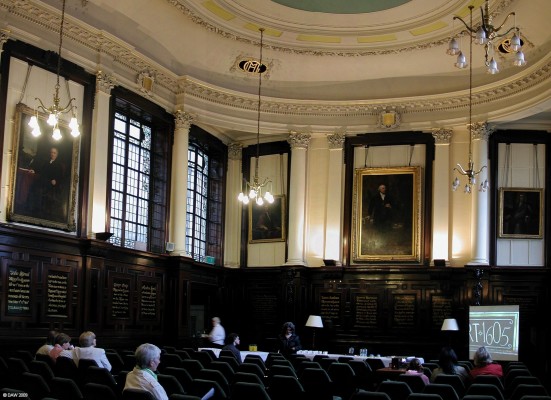 The Hall, The Merchants House, Glasgow
This room has a Neo-Baroque style with the walls covered in dark Jacobean style panelling.  The walls are hung with former Lord Deans and Benefactors, the plaques lower down record legacies to the house.  The Merchants house is a charity that dates from 1600, this particular building was opened in 1877.  The original Merchants gained their wealth from the import of substances such as Tobacco.
