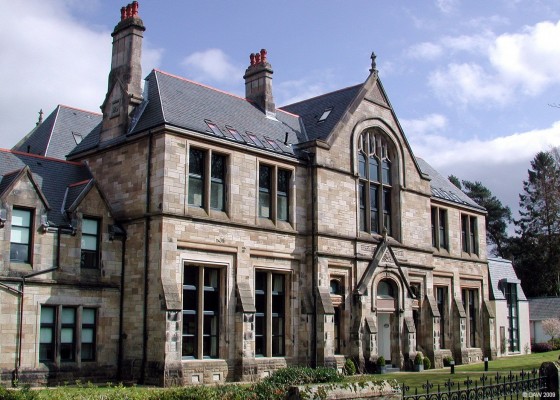 The Old School House, Quarriers Village
Quarriers Village was the vision of philanthropist William Quarrier, a shoe maker from Paisley.  His idea was for a community allowing the young people in his care to thrive, set in a countryside environment and housed in a number of grand residences under a house-mother and father.  In 1876 this is what came about, this building being the purpose built school.  Today it has been converted into flats.
