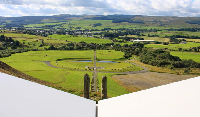 The Sun Amphitheatre, Crawick Multiverse
Looking down on the circular Sun Amphitheatre at Crawick Multiverse.  It is said to be able to hold 5,000 people and its shapes are meant to replicate the patterns of an Eclipse of the sun.  The white frame at the bottom is an information board.  The two outlying stones you see in the distance represent comets.
