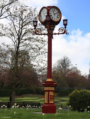 The Oswald Clock, Victoria Park, Glasgow
Donated by Mr Gordon Oswald in 1887 for the opening of the park, it was fully restored in 2015.  It has 4 clock faces  and was made by Messrs Alexander and Son.  There are inscriptions on each side at the base.  The one that can be read says "This is the day of Salvation", the Oswald family were deeply religious Episcopalians.
