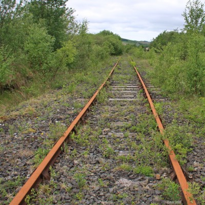 The end of the line, Waterside.
This line is next to the track operated by the Doon Valley Railway.  It would originally have carried on all the way to Pennyvennie coal put near Dalmellington but in recent times ended at the open cast mine near Burnton.  This mine has since closed so although the track is still in place it hadn't been used for several years when this photo was taken in 2017.  [url=http://streetmap.co.uk/map.srf?X=244615&Y=608113&A=Y&Z=115/] Map location. [/url]
