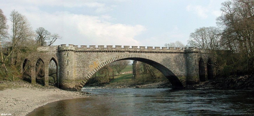 The Tongland Bridge, River Dee, Tongland
Built between 1804-1808 by Thomas Telford.  An attempt was made in 1803 to span the river but whilst still under construction it was destroyed by floods.  Telford was then brought it and proposed a more substantial design at twice the cost, since its still standing 200 years later it seems to have been worth it.  The main span is 34m and the unusual gothic styling was the work of Alexander Nasmyth.  [url=http://www.streetmap.co.uk/map.srf?X=269132&Y=553372&A=Y&Z=115/] Map location. [/url]
