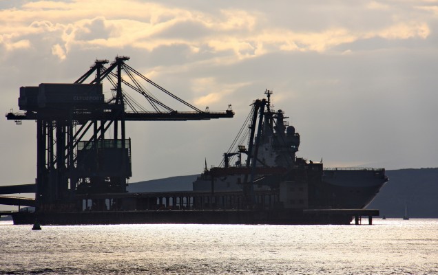 L9014 Tonnerre, Hunterston Ore Terminal
The French amphibious assault ship Tonnerre berthed at the Huntereston Ore terminal in October 2016. She displaced some 16,000 tons and can carry up to 70 vehicles and as many as 35 helicopters.  She would be visiting the Clyde at this time for the annual Joint Warrior exercise held off the west of Scotland.
