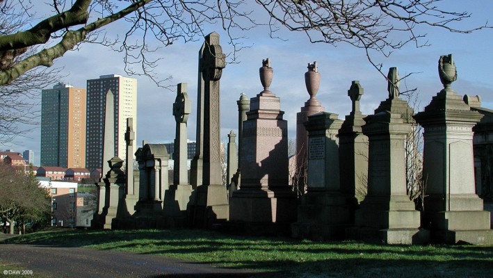The Necropolis, Glasgow
Tower blocks mingle withthe grave stones at the 19th century graveyard for the good and the wealthy near Glasgow Cathedral. [url=http://www.streetmap.co.uk/map.srf?X=260395&Y=665582&A=Y&Z=115/] Map location. [/url]

