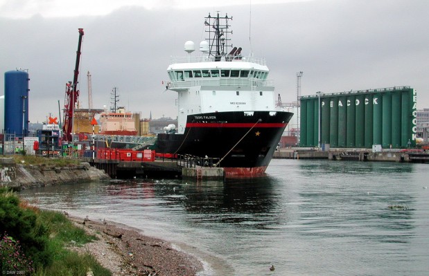 Troms Falken Oil rig Supply Vessel, Aberdeen Harbour
Aberdeen harbour is full of similar vessels since its the main port used for the supply of the North Sea Oil rigs.  Troms Falken is a Nowegian vessel built in 2001 with a gross tonnage of 2152 tons.
