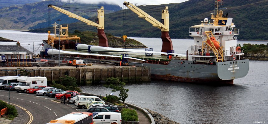 Kyle of Lochalsh Harbour
M.V. Vectis Eagle unloads wind turbine blades on to a very log lorry at Kyle of Lochalsh harbour in 2016.
