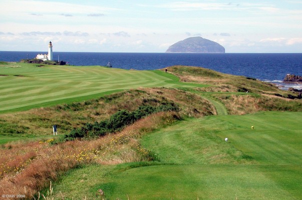 Turnberry Golf Course
Looking over the Golf course past Tunberry Light House out towards the Island of Ailsa Craig.  Ailsa Craig is about 13 miles out in the middle of the Firth of Clyde, in the past Curling stones were quarried there.
