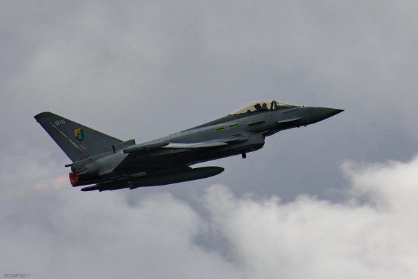 RAF Typhoon FGR4
Developed in the 1990's this is the front line aircraft of the RAF. It has a top speed of Mach 1.8 powered by two EJ200 turbojets delivering 20,000ibs of thrust each.  This particular aircraft is from RAF Conningsby in England but 6 Squardron is currently based at RAF Leuchers in Fife and will be moved to Lossiemouth in 2013 when Leuchers closes.
