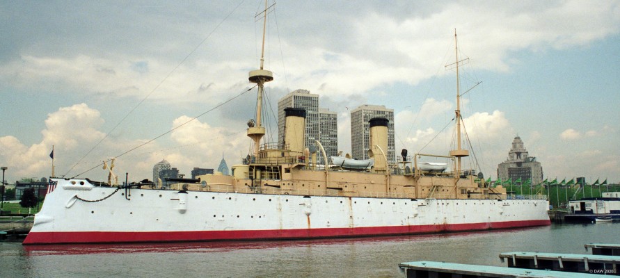 USS Olympia, Penns Landing, Philadelphia 1989
The USS Olympia was commissioned in 1895 and saw action in the SPanish American War of 1898 and was also used later during World War I as an escort.  She is the oldest steel American warship still floating and is based at the Independence Seaport Mueum at Penns Landing.
