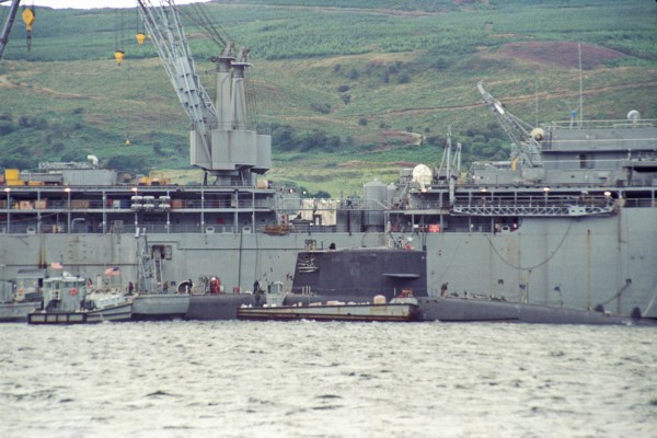 US Navy Submarine, Holy Loch, 1980's
A US Navy Submarine lies alongside the Submarine tender ship USS Simon Lake on the Holy Loch some time in the late 1980's.  The US Navy had a presence here from 1961 until 1992 to support its Ballistic Missile Submarine fleet.
