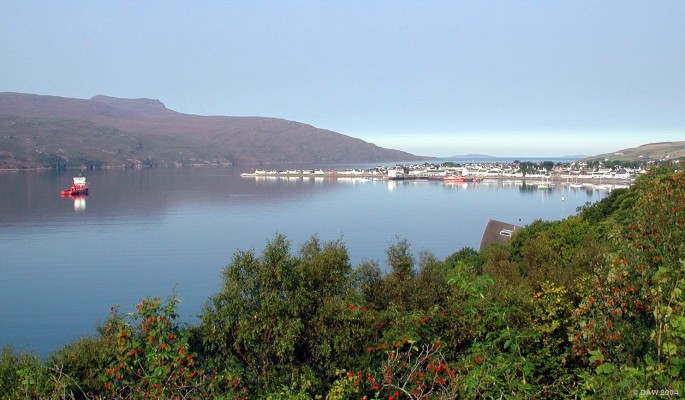 Ullapool, Loch Broom
Ullapool sits on the north side of Loch Broom, another of Scotland's planned towns, designed by Thomas Telford and the British Fisheries Society in 1788.  The ship at anchor is probably one of the Maritime & Coastgaurd Agency's emergency towing vessels that standby on the west coast incase any ships get into difficulty.
