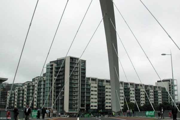 Under the Arc,  Glasgow
The Clyde Arc, or Squinty bridge as it is better known, was designed with a lifetime of 120 years.  Someone got their sums wrongs though, after only about 18 months a connector holding one of the support cables broke, bringing the cable crashing down on to the bridge.  Luckily no one was around at the time but it resulted in the bridge closing for 6 months while all the connectors were replaced.
