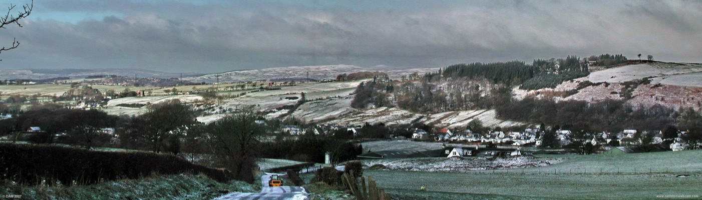 Winter panorama over Uplawmoor
The tp[ end of Uplawmoor can be seen on the right hand side, in the distance with a little more snow are the Renfrewshire heights.  In the centre towards the left hand side you can see the Caldwell Tower.  [url=http://www.streetmap.co.uk/streetmap.dll?G2M?X=244685&Y=655060&A=Y&Z=3/]Map location[/url]
