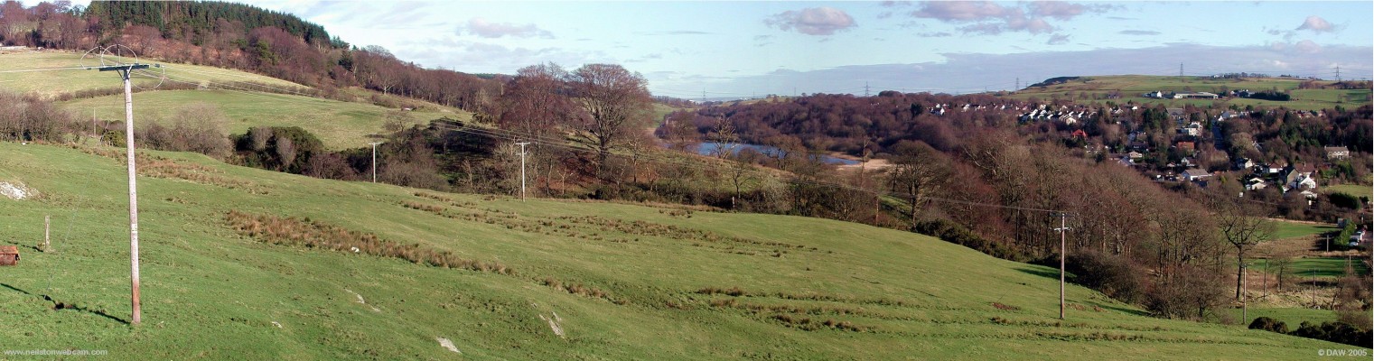 View looking west from Caldwell Tower
This view from one of the top windows of Caldwell tower shows Loch Libo in the centre and the village of Uplawmoor on the left.
