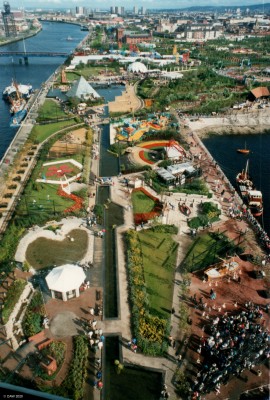 Glasgow Garden Festival panorama, 1988
A view from the top of the Clydesdale Tower at the Glasgow Garden Festival in 1988.  This gives an idea of the size of the site on the former docklands.  

