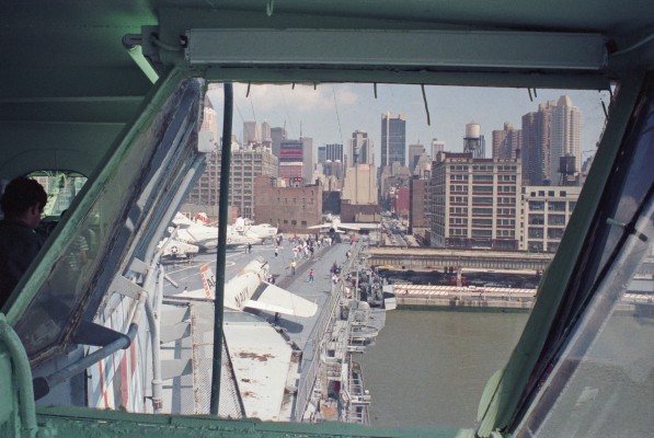 View from the Bridge, USS Intrepid, New York City, 1989
The USS Intrepid is an Essex class Aircraft Carrier of the US Navy.  Today she is moored on the Hudson River in New Yorl City and is open to the public as the Intrepid, Sea, Air and Space Museum.  She was commissioned in 1943 and retired in 1974 but during that time considerable changes were made to her including the addition of an angled flight deck.

