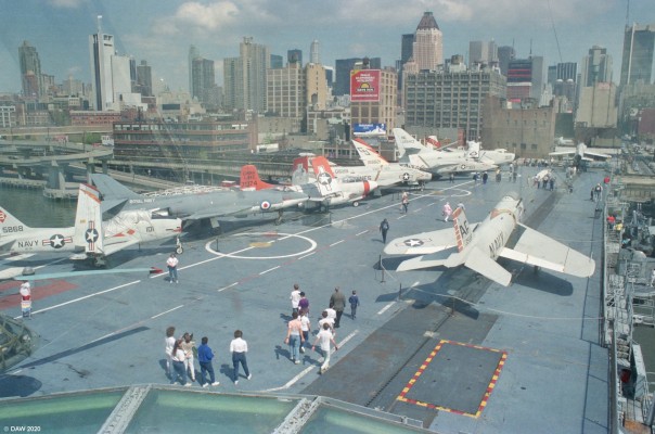 USS Intrepid, New York City, 1989
A view from the Bridge of the USS Intrepid looking towards New York City.  The Intrepid is now the Air & Space Museum and is permenently moored on the Hudson river at New York.
