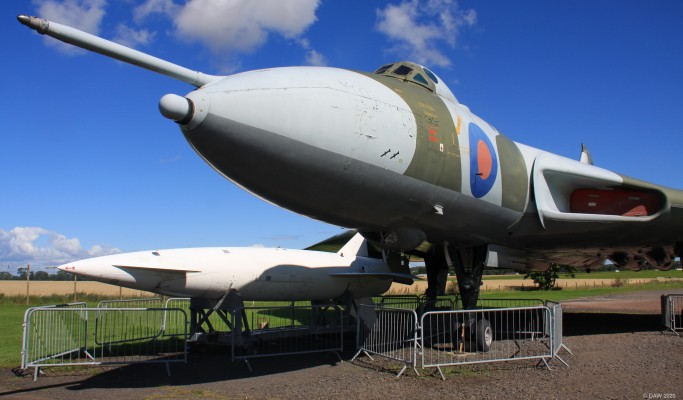 Avro Vulcan XM597, Museum of Flight, East Fortune, 2017
The Missile on the left is the Blue Steel Nuclear stand off missile, designed to be released up to 240km away from the target, giving the bomber a chance to escape before being detected, or at least so they hoped.  The warhead would have been 1.1 Megatons and they were deployed between 1963 and 1970.
