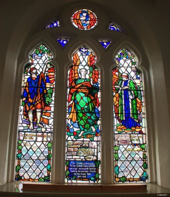 War Memorial window, Neilston Parish Church
This window at the rear of the Church commemorates members of the Church who lost their lives in the Great War of 1914-1919. The stone frame of the window is thought to date from the 15th century.  For a long time this was the only war memorial in the village until the new stone memorial was erected on the main street in 2015.
