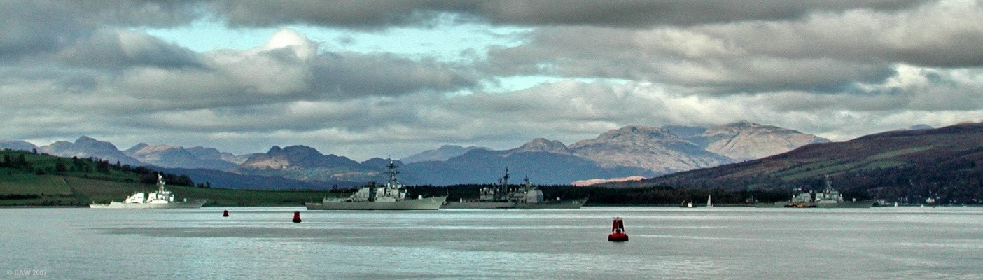 US Navy Warships at Greenock
Three Arleigh Burk class Destroyers and a Ticonderoga class Cruiser anchored in The Clyde off Greenock.  The peaks of Argyll can be to the north west in the background.
