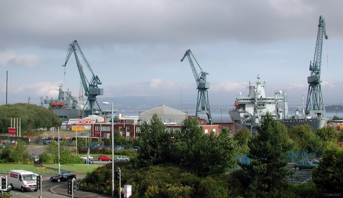 Wave Ruler and Wave Knight at BAE Systems, Port Glasgow, 2002
These are Fast Fleet Tankers, built at Govan Ship yard.  They are seen here in 2002 down at Port Glasgow whilst undergoing final fitting out and sea trials before being handed over to the Navy.  They displace some 32,000 tons each and use the latest electric propulsion technology. [url=http://www.multimap.com/map/browse.cgi?lat=55.9374&lon=-4.7117&scale=5000&icon=x/]Map location[/url]
