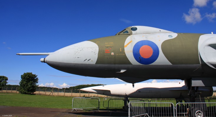 Vulcan XM597, Museum of Flight
The cockpit of the Avro Vulcan at East Fortune.  The 2 black bombs painted on the side are for its role in two of the "Black Buck" missions during the Falklands War in 1982.  In the second of those missions it had to divert to Brazil due to technical problems and remained there until the war ended.
