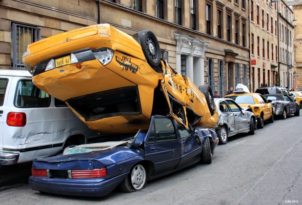 Badly parked Yellow Cab, World War Z, Glasgow
