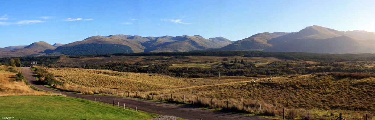 Panoramic view from the Commando Monument above Spean Bridge
An unusually perfect view of the 3 highest Mountains in Scotland.  They are Ben Nevis (1344m), Carn Mor Dearg (1223m) and Aonach Beag (1238m). They are all on the right hand side of the photo. [url=http://www.streetmap.co.uk/map.srf?X=220725&Y=783015&A=Y&Z=126/] Map location. [/url]
