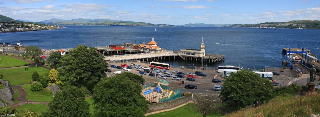 Dunoon Pier, 2017
This view from Dunoon Castle looking up the river Clyde. On the extreme right The Cloch Lighthouse can be seen on the other side of the river. The Holy Loch and Loch Long are round the headland on the left hand side. The statue is of "Highland Mary", a love of Robert Burns.  There is another photo in the gallery taken from the same spot around 2003, there are quite a few changes.  [url=http://streetmap.co.uk/map.srf?X=217506&Y=676385&A=Y&Z=115/] Map location. [/url]

