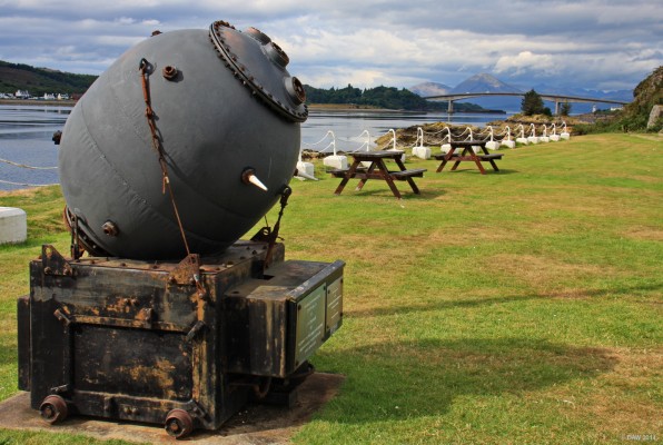 WWII Mine, Kyle of Lochalsh
This mine is a memorial to the men who served here at HMS Trelawney.  The first mine laying squadron was based here in 1940 and consisted of converted merchant ships and 2nd hand US destroyers.
